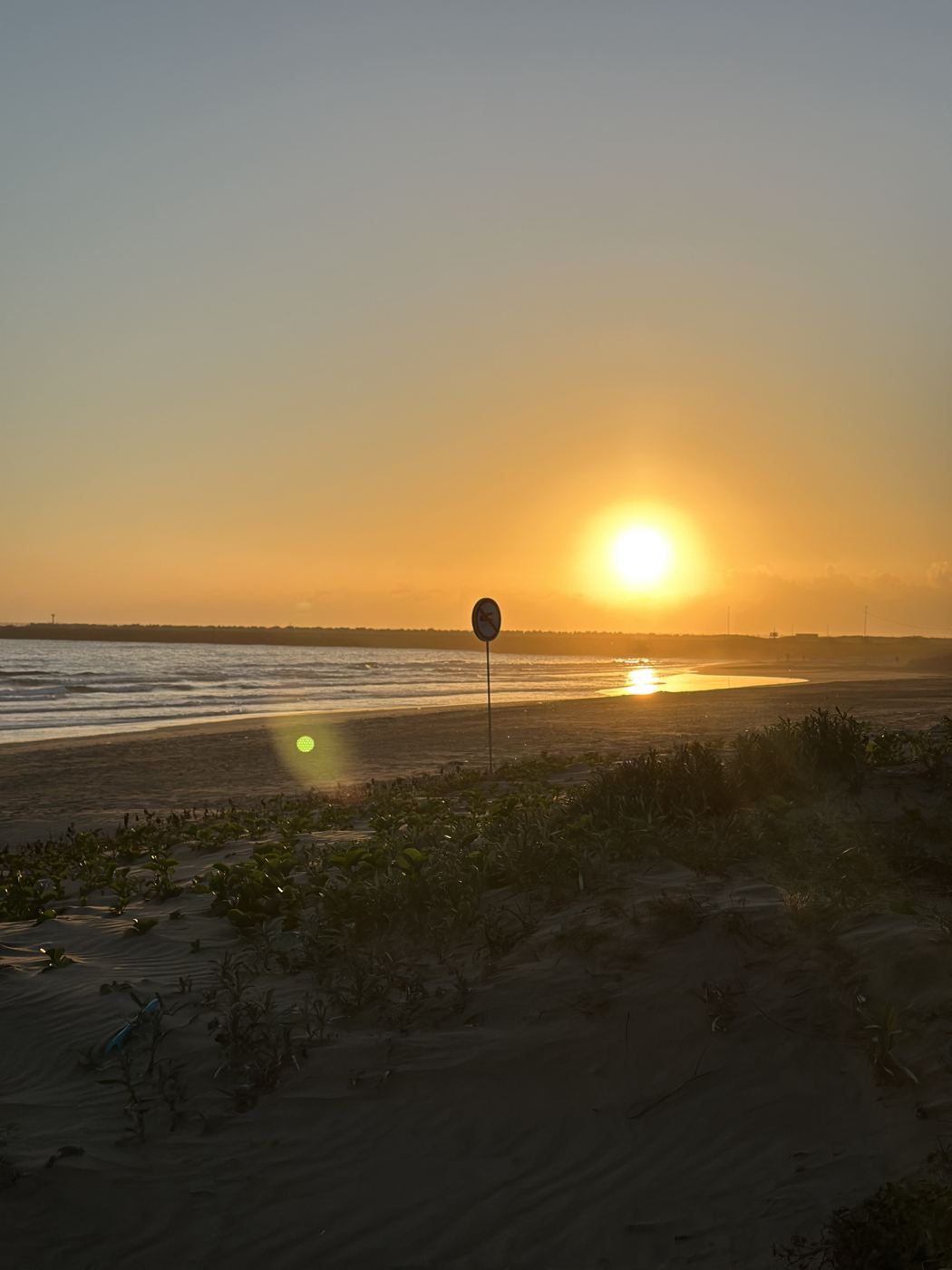 The sun coming up over the dunes and the sea
